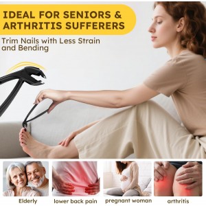 Upgrade Extended Toenail Clippers for Thick Toenails, Long Handled Nail Clippers for Seniors, Large Fingernail Clipper Angled Head with Catcher, Ergonomic Wide Opening Heavy Duty Cutter for Men Women