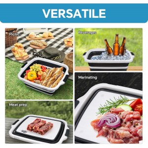 Collapsible BBQ Prep Tub for Meal Prep, Marinating,Food Storage, picnics, camping, barbecues,cutting fruits and vegetables - Includes Cutting Board and Locking Lid,(X-Large) Black
