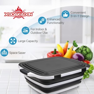 Collapsible BBQ Prep Tub for Meal Prep, Marinating,Food Storage, picnics, camping, barbecues,cutting fruits and vegetables - Includes Cutting Board and Locking Lid,(X-Large) Black