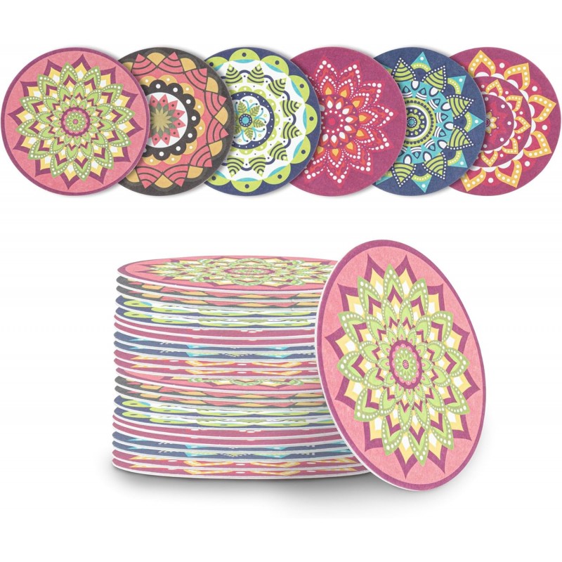 Restaurantware Super Absorbent Coasters 48 Case 4 Inch Assorted Paper Bar Coasters High-Density Pulpboard Beverage Coasters Moisture-Absorbing Durable Drink Coasters - Assorted Designs