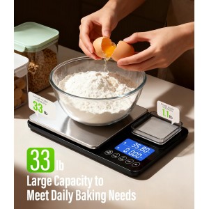 Digital Dual Platform Kitchen Scale, 33 lb Large & 1.1 lb Mini Food Scale with Dual-Line LCD Display, Stainless Steel, High Precision for Baking, Cooking, and Meal Prep