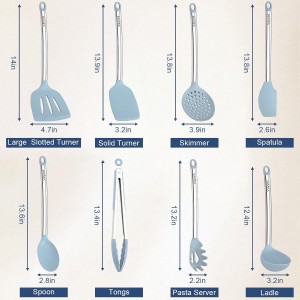 8PCS Kitchen Utensils Set, Vayvnt Heat Resistant Silicone Utensils Set for Cooking, Non Scratch Spatula Spoons for Non Stick Pan, Large Kitchen Cooking Tools, Metal Long Handle&Dishwasher Safe, Blue
