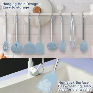 8PCS Kitchen Utensils Set, Vayvnt Heat Resistant Silicone Utensils Set for Cooking, Non Scratch Spatula Spoons for Non Stick Pan, Large Kitchen Cooking Tools, Metal Long Handle&Dishwasher Safe, Blue