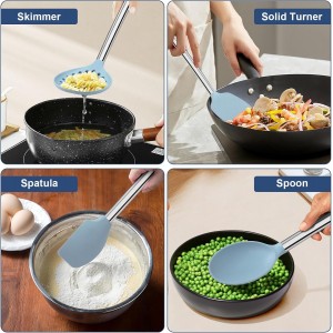 8PCS Kitchen Utensils Set, Vayvnt Heat Resistant Silicone Utensils Set for Cooking, Non Scratch Spatula Spoons for Non Stick Pan, Large Kitchen Cooking Tools, Metal Long Handle&Dishwasher Safe, Blue