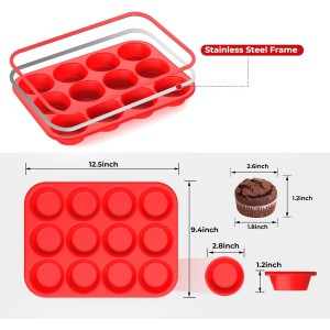 Silicone Muffin Pan for Baking: 12 Cup Muffin Pan with Metal Reinforced Frame, Regular Size Cupcake Egg Bites Molds for Baking, BPA Free Silicone Muffin Tray, Dishwasher Safe (1 Pack, Red)