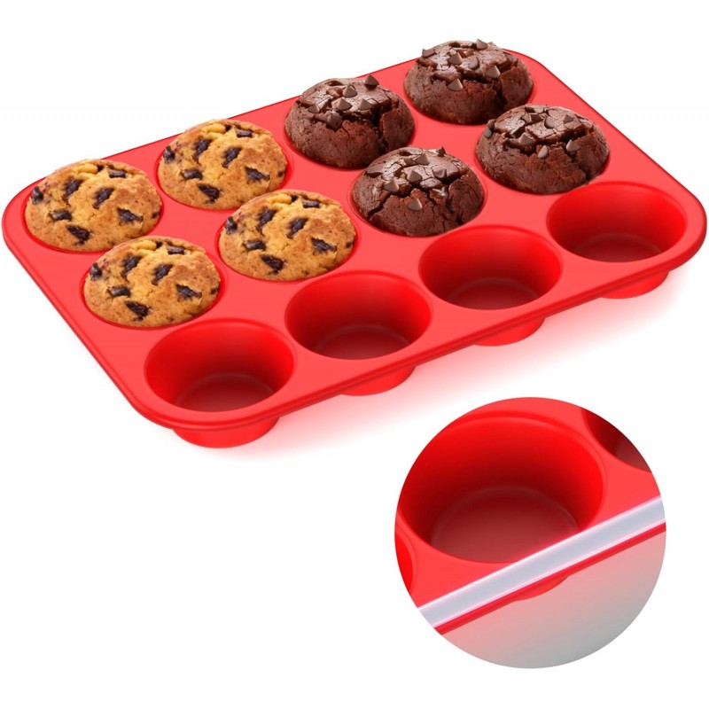 Silicone Muffin Pan for Baking: 12 Cup Muffin Pan with Metal Reinforced Frame, Regular Size Cupcake Egg Bites Molds for Baking, BPA Free Silicone Muffin Tray, Dishwasher Safe (1 Pack, Red)