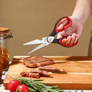 LIVINGO 8.5 Inch Kitchen Scissors Heavy Duty - Multi-Purpose Food Shears with Serrated Blades, Nut Cracker, Fish Scaler, Bottle Opener, Black & Red Handle