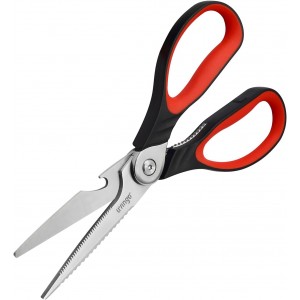 LIVINGO 8.5 Inch Kitchen Scissors Heavy Duty - Multi-Purpose Food Shears with Serrated Blades, Nut Cracker, Fish Scaler, Bottle Opener, Black & Red Handle