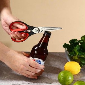 LIVINGO 8.5 Inch Kitchen Scissors Heavy Duty - Multi-Purpose Food Shears with Serrated Blades, Nut Cracker, Fish Scaler, Bottle Opener, Black & Red Handle