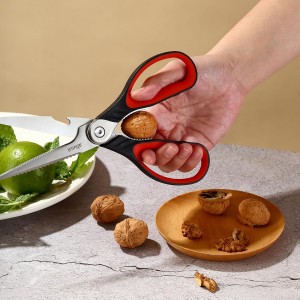 LIVINGO 8.5 Inch Kitchen Scissors Heavy Duty - Multi-Purpose Food Shears with Serrated Blades, Nut Cracker, Fish Scaler, Bottle Opener, Black & Red Handle