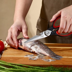 LIVINGO 8.5 Inch Kitchen Scissors Heavy Duty - Multi-Purpose Food Shears with Serrated Blades, Nut Cracker, Fish Scaler, Bottle Opener, Black & Red Handle