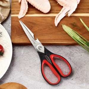 LIVINGO 8.5 Inch Kitchen Scissors Heavy Duty - Multi-Purpose Food Shears with Serrated Blades, Nut Cracker, Fish Scaler, Bottle Opener, Black & Red Handle