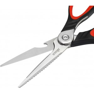 LIVINGO 8.5 Inch Kitchen Scissors Heavy Duty - Multi-Purpose Food Shears with Serrated Blades, Nut Cracker, Fish Scaler, Bottle Opener, Black & Red Handle