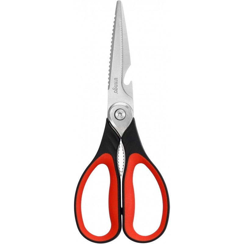LIVINGO 8.5 Inch Kitchen Scissors Heavy Duty - Multi-Purpose Food Shears with Serrated Blades, Nut Cracker, Fish Scaler, Bottle Opener, Black & Red Handle