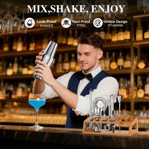 IOV Mixology Bartender Kit Bar Set with Stand | 17-Piece Cocktail Shaker Set | 28oz Boston Shaker Drink Mixer Set with All Essential Accessory Tools | Fun Housewarming Gift (Silver)