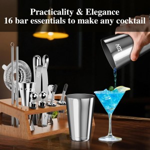 IOV Mixology Bartender Kit Bar Set with Stand | 17-Piece Cocktail Shaker Set | 28oz Boston Shaker Drink Mixer Set with All Essential Accessory Tools | Fun Housewarming Gift (Silver)