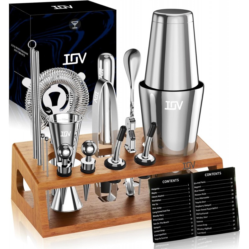 IOV Mixology Bartender Kit Bar Set with Stand | 17-Piece Cocktail Shaker Set | 28oz Boston Shaker Drink Mixer Set with All Essential Accessory Tools | Fun Housewarming Gift (Silver)