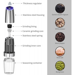 Gravity Electric Pepper and Salt Grinder Set, Adjustable Coarseness, Automatic Shakers Mill Grinder with LED Light, Battery Powered, Upgraded Larger Capacity, One Hand Operated (Sliver 2 Pack)