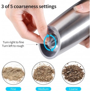 Gravity Electric Pepper and Salt Grinder Set, Adjustable Coarseness, Automatic Shakers Mill Grinder with LED Light, Battery Powered, Upgraded Larger Capacity, One Hand Operated (Sliver 2 Pack)