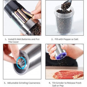Gravity Electric Pepper and Salt Grinder Set, Adjustable Coarseness, Automatic Shakers Mill Grinder with LED Light, Battery Powered, Upgraded Larger Capacity, One Hand Operated (Sliver 2 Pack)