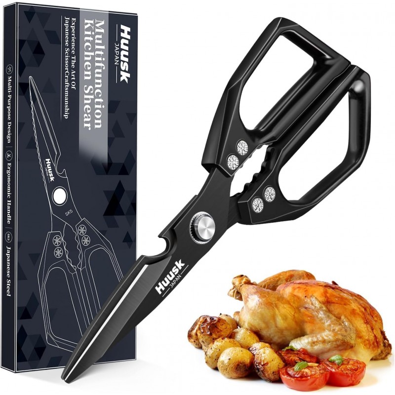 HUUSK Kitchen Scissors for Food - Stainless Steel Kitchen Shears, Sharp Black Meat Scissors Dishwasher Safe, Heavy Duty Poultry Shears, Japanese Cooking Scissor for Chicken, Christmas Gifts for Men
