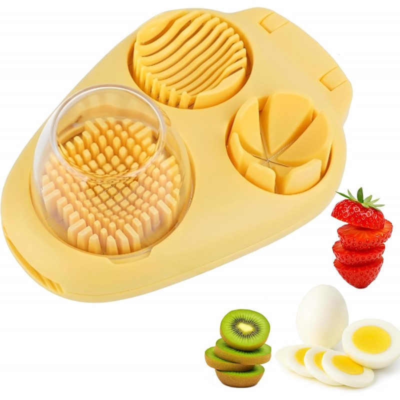 3 In 1 Egg Slicer, Stainless Steel Multipurpose Egg Cutter, 3 Way Egg Dicer for Hard Boiled Eggs, Grape and Tomato Chopper for Strawberry, Salad, Fruit and Vegetable (Yellow)