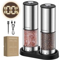 Electric Salt and Pepper Grinder Set, Type-C Rechargeable with LED Battery Level Display, Stainless Steel Salt and Pepper Shakers with Storage Base, Top Button Design, 5 Adjustable Coarseness Levels