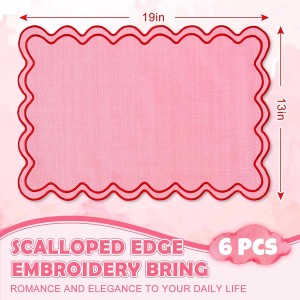 Whaline Pink Red Placemats Embroidered Scalloped Kitchen Place Mats for Wedding Baby Shower Party Home Dining Table Decor, Set of 6, 13 x 19 in