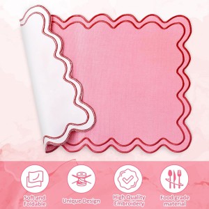Whaline Pink Red Placemats Embroidered Scalloped Kitchen Place Mats for Wedding Baby Shower Party Home Dining Table Decor, Set of 6, 13 x 19 in