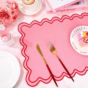 Whaline Pink Red Placemats Embroidered Scalloped Kitchen Place Mats for Wedding Baby Shower Party Home Dining Table Decor, Set of 6, 13 x 19 in