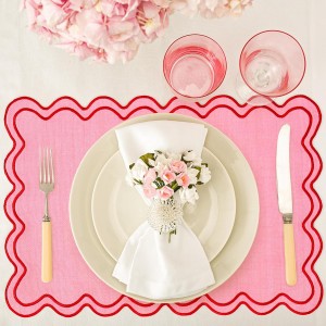 Whaline Pink Red Placemats Embroidered Scalloped Kitchen Place Mats for Wedding Baby Shower Party Home Dining Table Decor, Set of 6, 13 x 19 in