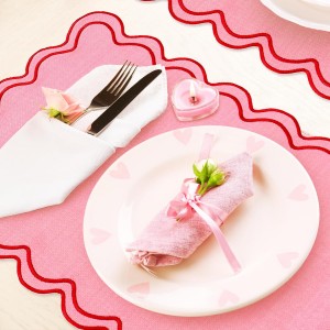 Whaline Pink Red Placemats Embroidered Scalloped Kitchen Place Mats for Wedding Baby Shower Party Home Dining Table Decor, Set of 6, 13 x 19 in