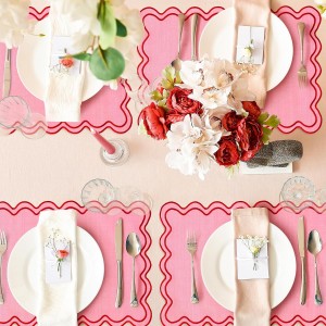Whaline Pink Red Placemats Embroidered Scalloped Kitchen Place Mats for Wedding Baby Shower Party Home Dining Table Decor, Set of 6, 13 x 19 in