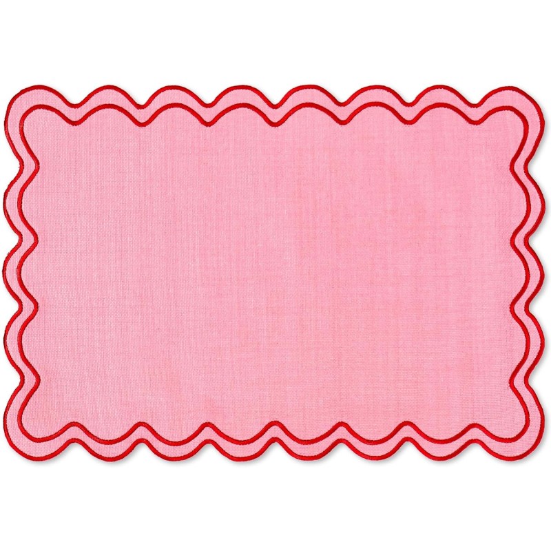 Whaline Pink Red Placemats Embroidered Scalloped Kitchen Place Mats for Wedding Baby Shower Party Home Dining Table Decor, Set of 6, 13 x 19 in