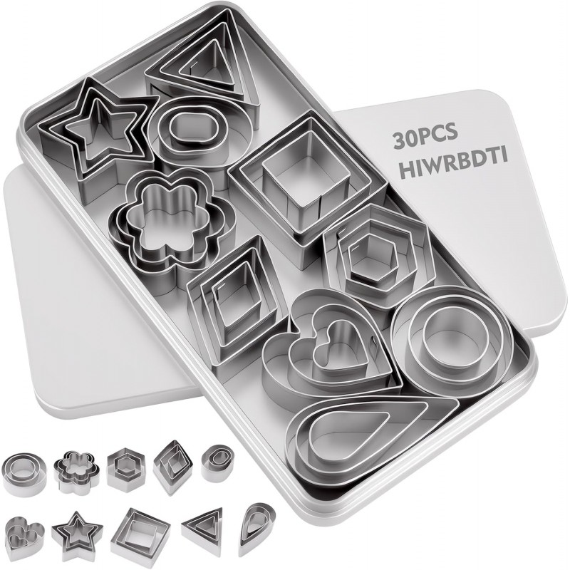 30PCS Mini Cookie Cutters Shapes Set with Box for Kids, Small Stainless Steel Star Triangle Cookie Cutter Variety Pack, for Tiny Polymer Clay, Fruit