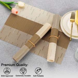 Placemats Set of 6, Vinyl Woven Place Mats Indoor Set of 6 Washable Wipeable PVC Table Mats Heat-Resistant Non Slip Placemat for Kitchen Dining Outdoor Table (Beige Light Brown, Set of 6)