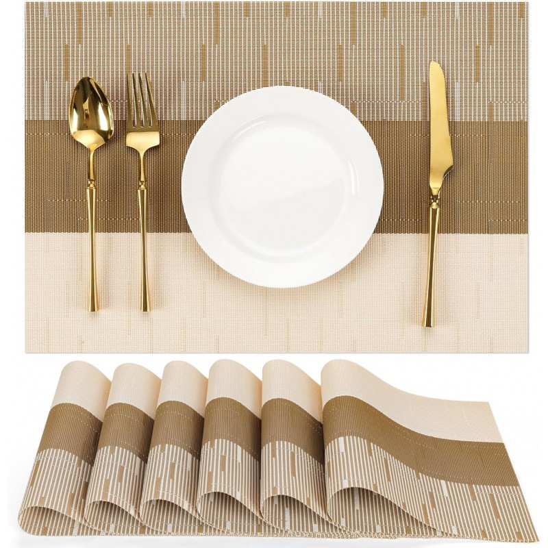 Placemats Set of 6, Vinyl Woven Place Mats Indoor Set of 6 Washable Wipeable PVC Table Mats Heat-Resistant Non Slip Placemat for Kitchen Dining Outdoor Table (Beige Light Brown, Set of 6)