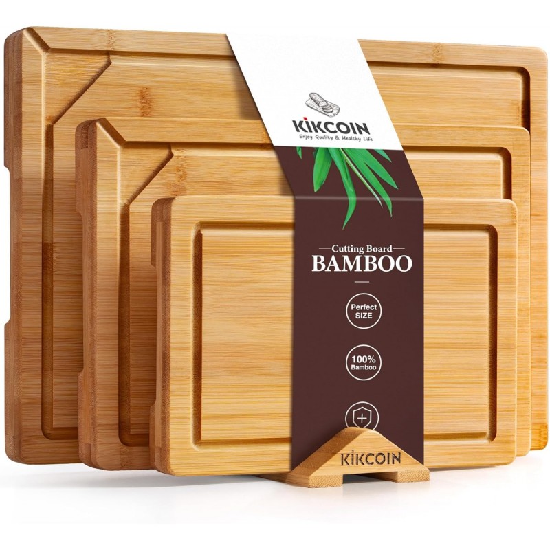 Bamboo Cutting Boards for Kitchen, 3 Piece Wood Cutting Board Set with Stand and Non-slip Feet, Knife Friendly Chopping Board with Juice Grooves, Serving Tray with Built-in Handles