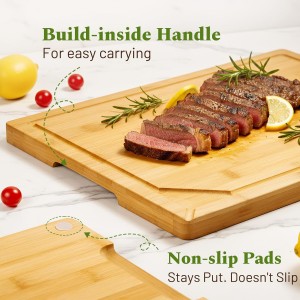 Bamboo Cutting Boards for Kitchen, 3 Piece Wood Cutting Board Set with Stand and Non-slip Feet, Knife Friendly Chopping Board with Juice Grooves, Serving Tray with Built-in Handles