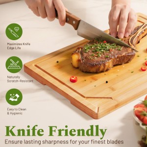 Bamboo Cutting Boards for Kitchen, 3 Piece Wood Cutting Board Set with Stand and Non-slip Feet, Knife Friendly Chopping Board with Juice Grooves, Serving Tray with Built-in Handles