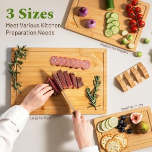 Bamboo Cutting Boards for Kitchen, 3 Piece Wood Cutting Board Set with Stand and Non-slip Feet, Knife Friendly Chopping Board with Juice Grooves, Serving Tray with Built-in Handles