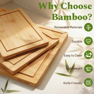 Bamboo Cutting Boards for Kitchen, 3 Piece Wood Cutting Board Set with Stand and Non-slip Feet, Knife Friendly Chopping Board with Juice Grooves, Serving Tray with Built-in Handles