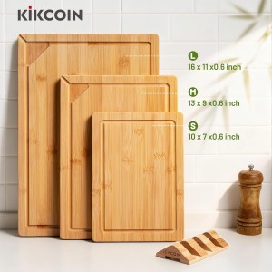 Bamboo Cutting Boards for Kitchen, 3 Piece Wood Cutting Board Set with Stand and Non-slip Feet, Knife Friendly Chopping Board with Juice Grooves, Serving Tray with Built-in Handles