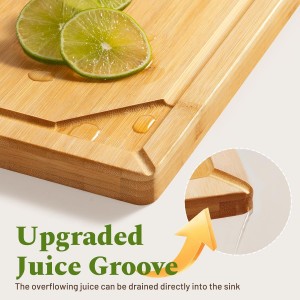 Bamboo Cutting Boards for Kitchen, 3 Piece Wood Cutting Board Set with Stand and Non-slip Feet, Knife Friendly Chopping Board with Juice Grooves, Serving Tray with Built-in Handles
