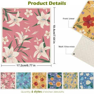 6 Packs Swedish Paper Cloths for Kitchen, Reusable Paper Towels Washable Dish Rags, Highly Absorbent Kitchen Towels Quick Drying Swedish Sponge Cleaning Dish Cloths (Lily Floral)