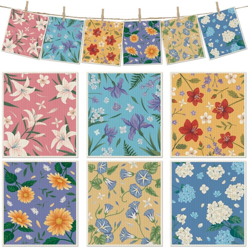 6 Packs Swedish Paper Cloths for Kitchen, Reusable Paper Towels Washable Dish Rags, Highly Absorbent Kitchen Towels Quick Drying Swedish Sponge Cleaning Dish Cloths (Lily Floral)