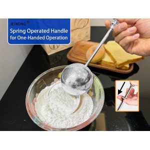 JETKONG Large Flour Duster for Baking, One-Handed Operation Sugar Sifter, 304 Stainless Steel Dusting Wand, Flour Sprinkler for Bread Baking (Large, Silver)