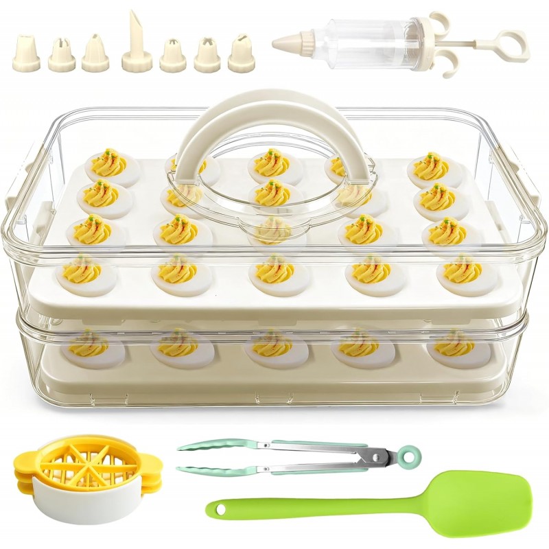 Easter Deviled Egg Containers with Lid & Handle (2 Layer Snap-on) PET Thickened Eggs Holder Inc Egg Slicer Kitchen Tongs Silicone Spatula and Piping Decorating Kit