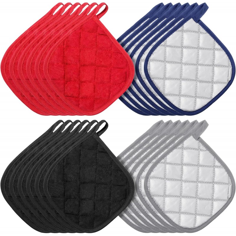 SHENLIU 24 Pcs Cotton Pot Holders for Kitchen, 7 x 7 Inches Heat Resistant Potholders Bulk Hot Pads 4 Colors Washable with Hanging Loops for Cooking Baking Black Gray Blue Red