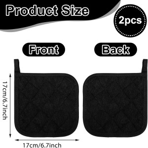 2 Pcs Cotton Pot Holders, 17cm/6.7-Inch Square Potholders for Kitchen, Non Slip Kitchen Pot Holders Cotton Lining Hot Pads for Baking Cooking Oven (Black)